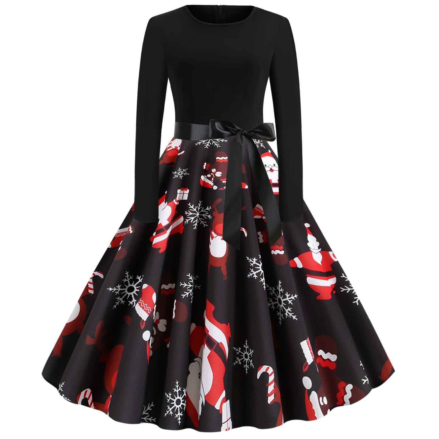 Winter Christmas Dresses Women 50S 60S Vintage Swing Dress Long Sleeve Casual