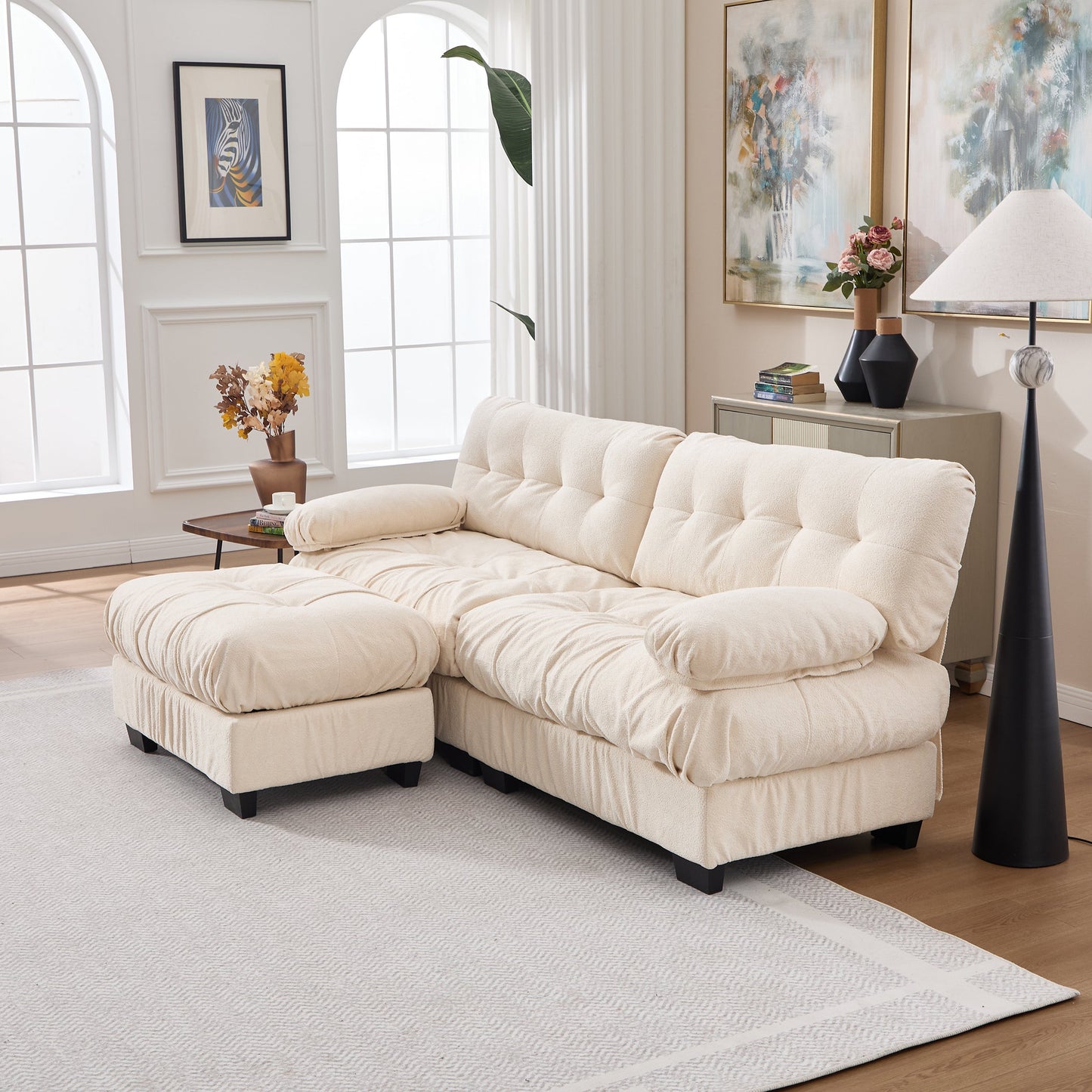 Sectional Sofa L-Shape Cloud Flannelette Beige 3 Seat 88 In 4 Pillows - - Sectional Sofas