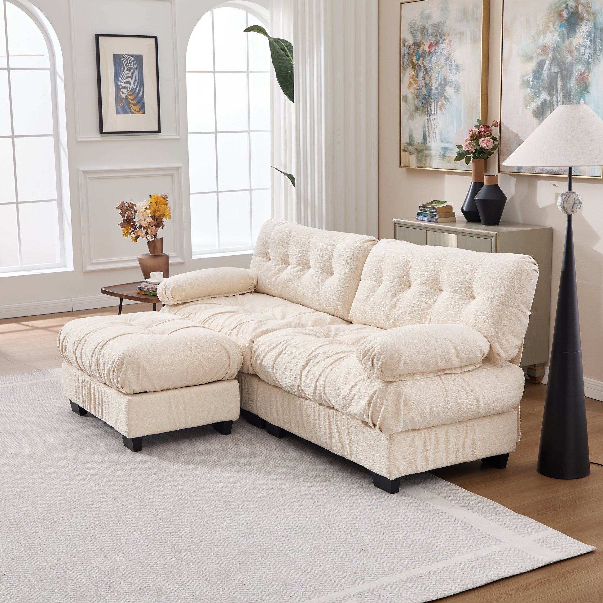 Sectional Sofa L-Shape Cloud Flannelette Beige 3 Seat 88 In 4 Pillows - - Sectional Sofas
