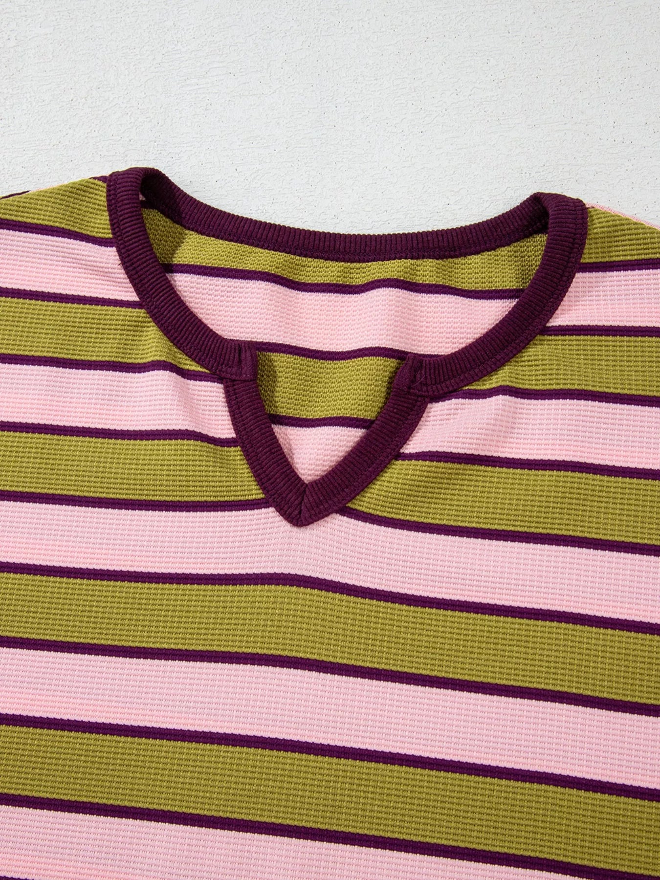 Stripes Waffle Texture Notched Neck Long Sleeve Top - -
