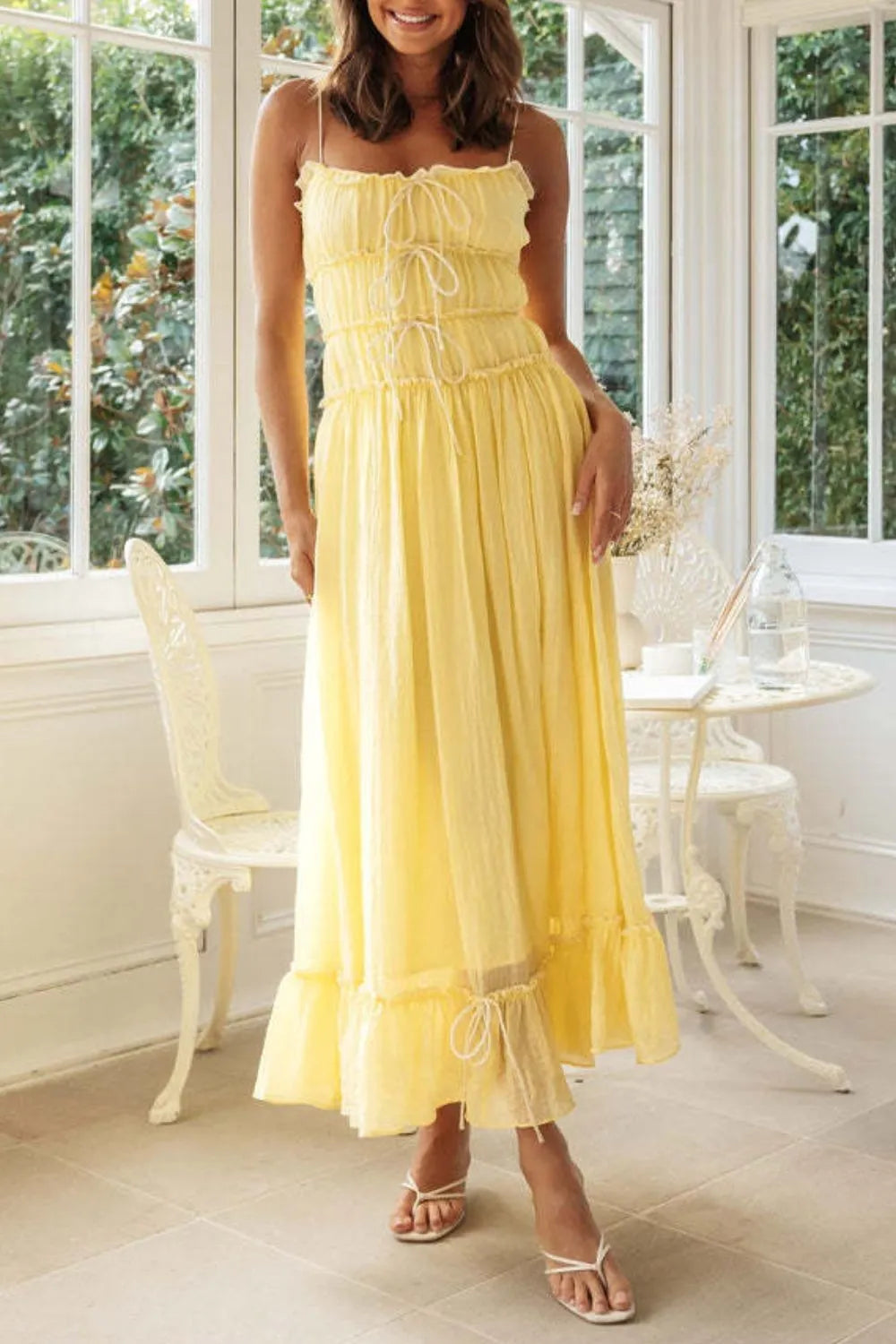 Frill Tied Front Midi Cami Dress - -