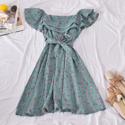 Floral Off-Shoulder Dress with Flared Hem for Women - Gray green One size - dress