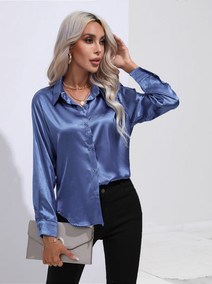 Collared Neck Buttoned Long Sleeve Shirt - -