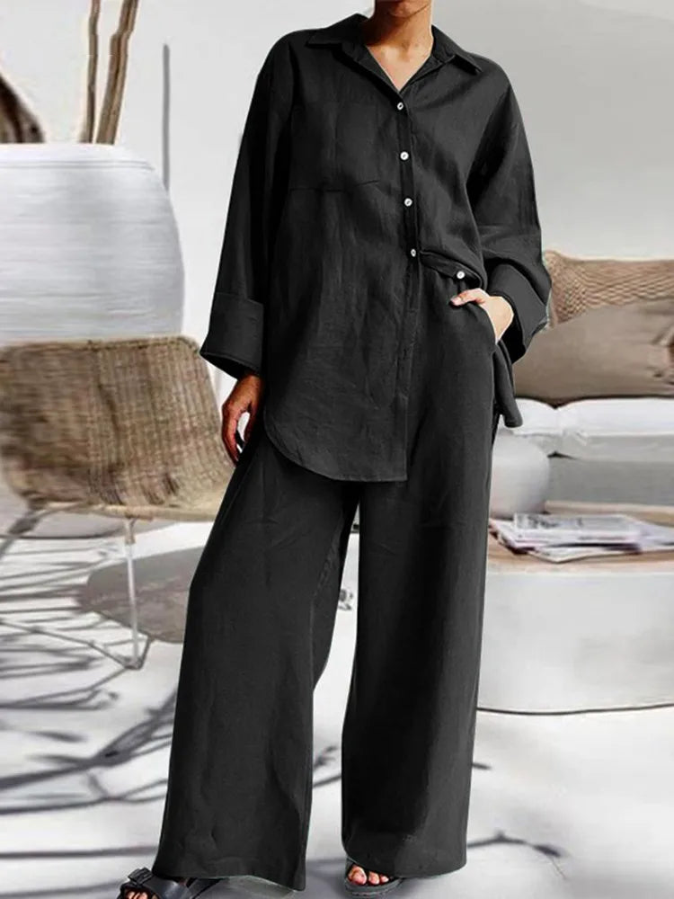 Long Sleeve Cotton Linen Shirt and Loose Pants Two Piece Set Loungewear Set