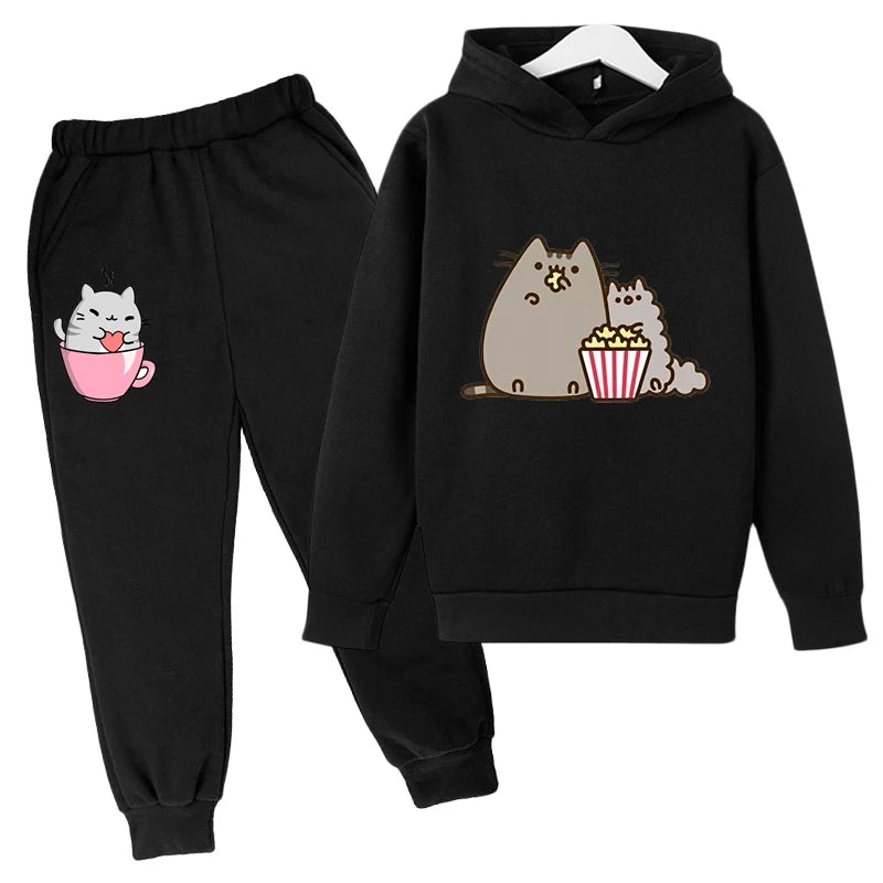 Cat Print Hoodie Clothing Sets black