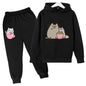 Cat Print Hoodie Clothing Sets black