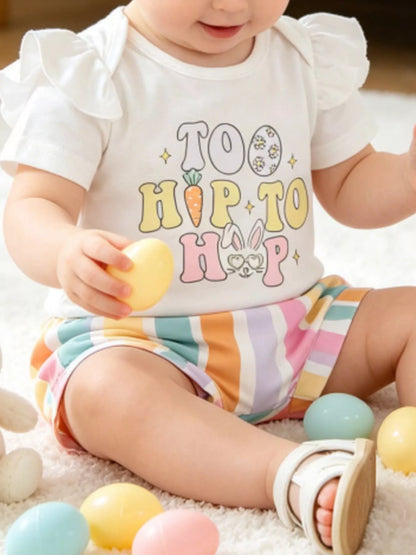 Children's Ruffled Short Sleeve Bodysuit and Shorts Set with Headband - White -