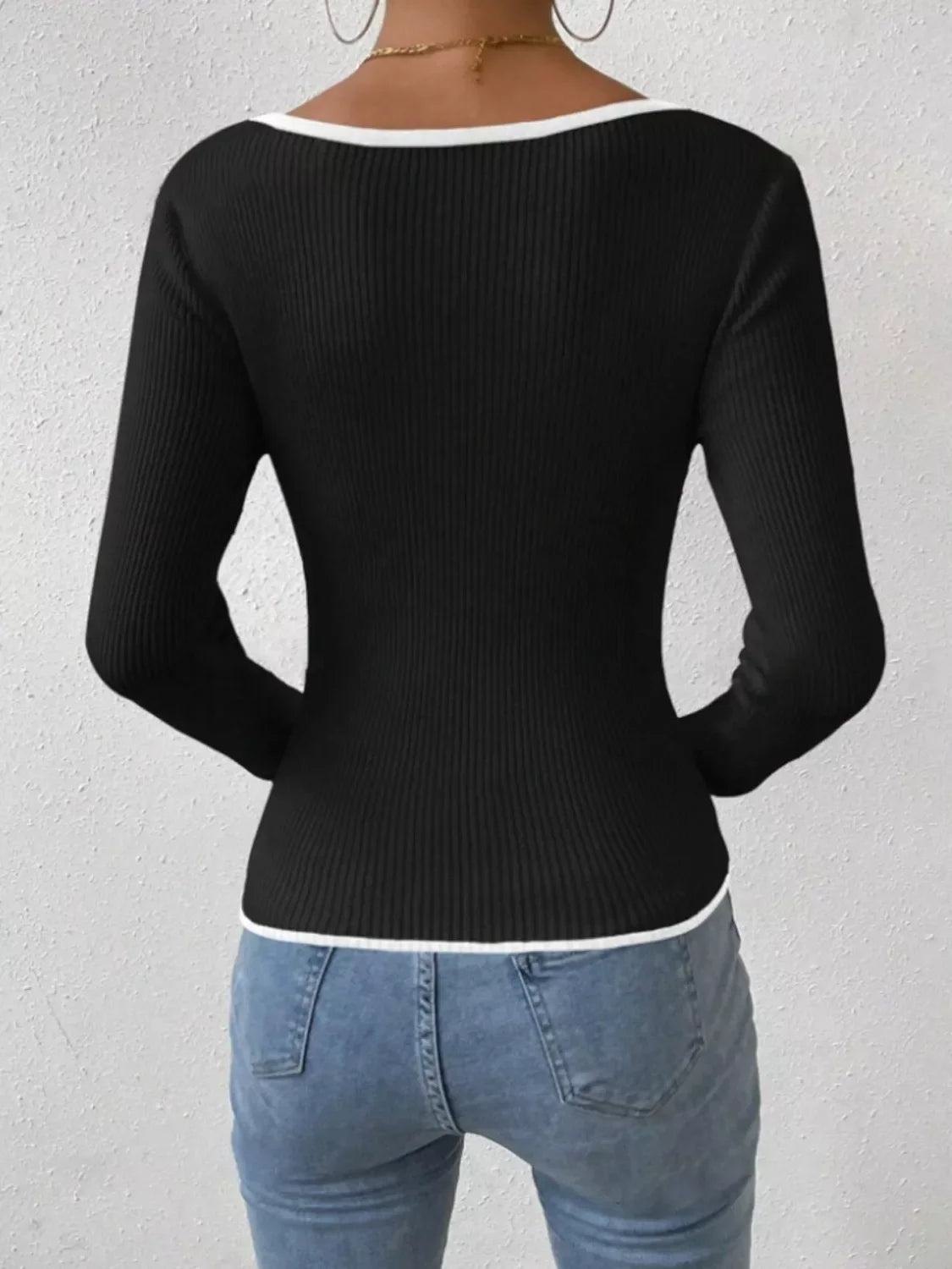 Contrast Trim Long Sleeve Knit Top - -