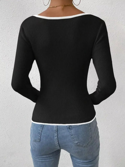 Contrast Trim Long Sleeve Knit Top - -