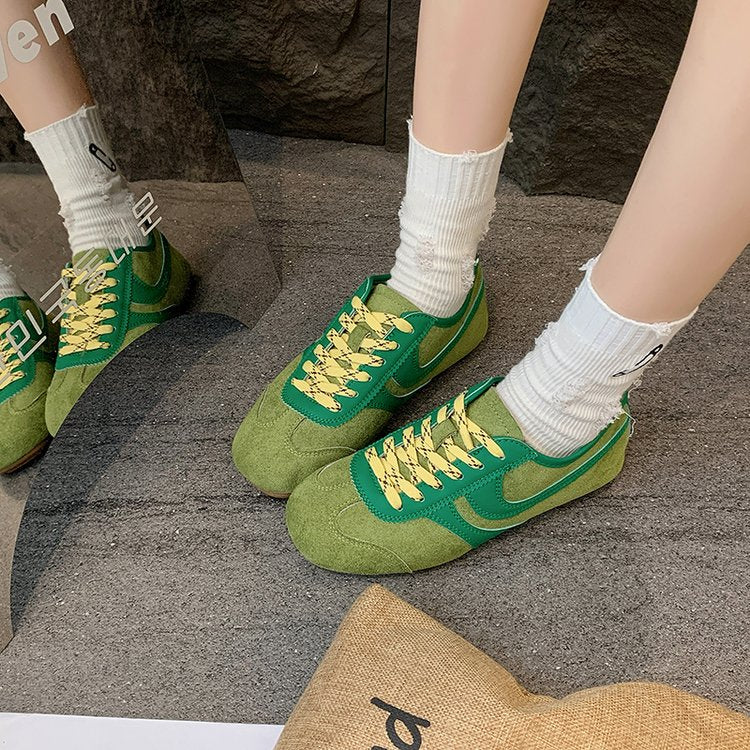 Women's Contrast Panel Suede Retro Sneakers - Green - Footwear