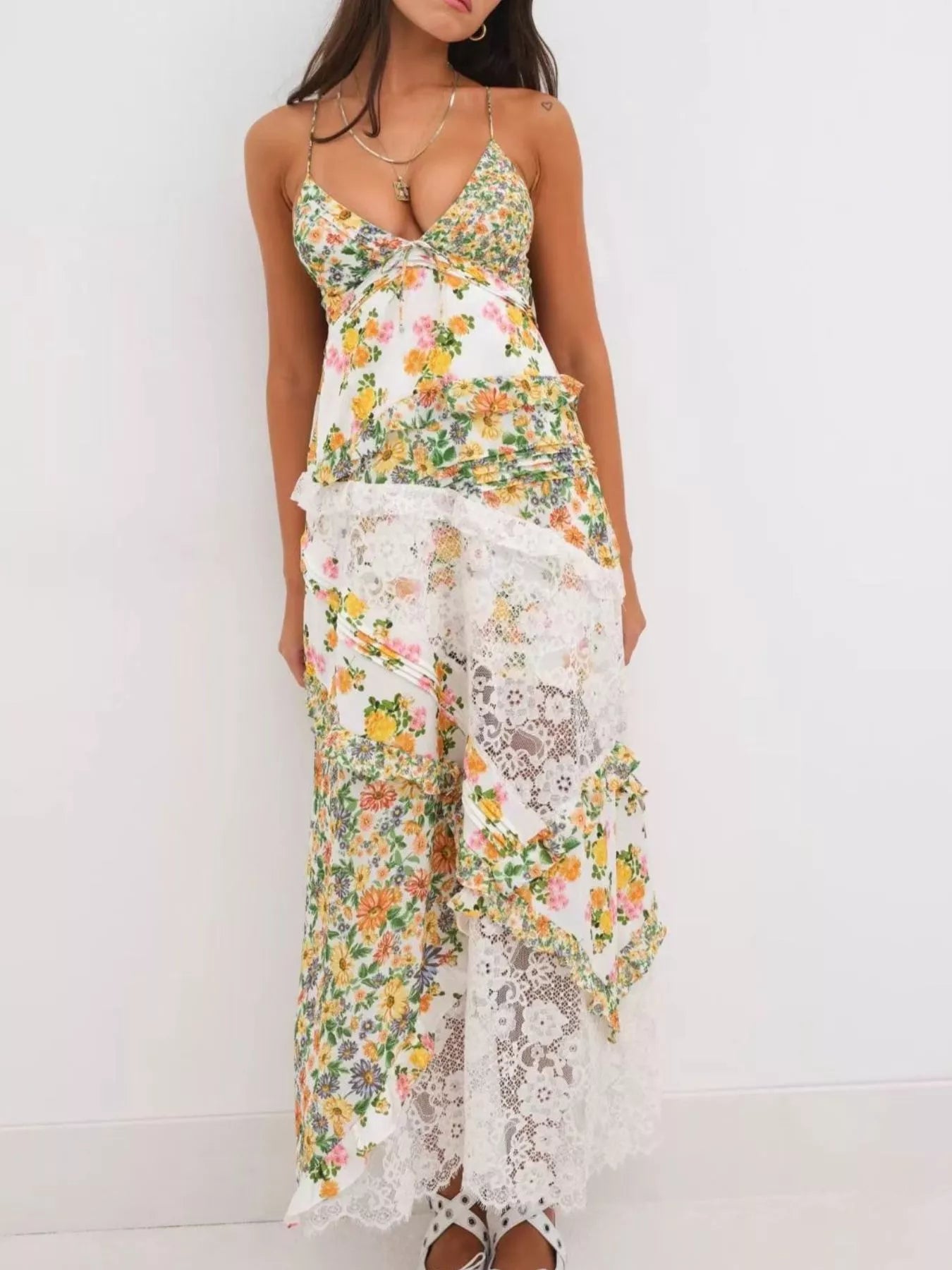 Lace Floral Print Ruffle Trim Maxi Dress - Yellow-Green -