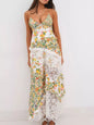 Lace Floral Print Ruffle Trim Maxi Dress - Yellow-Green -
