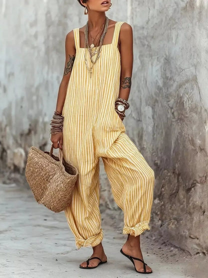 Full Size Striped Wide-Leg Jumpsuit Plus Size - Yellow -