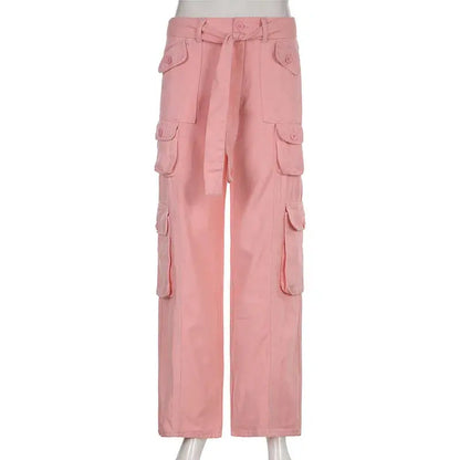 Y2K Pockets Cargo Pants Straight Oversize Pants Low Waist Wide Leg Baggy Jeans Pink