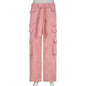 Y2K Pockets Cargo Pants Straight Oversize Pants Low Waist Wide Leg Baggy Jeans Pink