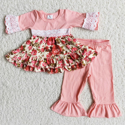 Ruffle Long Sleeve shirt and Cotton Pants Sets pink