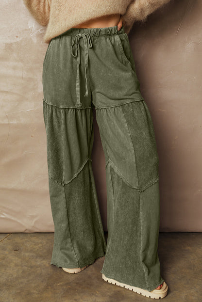 Vineyard Green Mineral Wash Tiered Wide Leg Patchwork Drawstring Pants - - Bottoms/Pants & Culotte