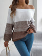 Color Block Off-Shoulder Long Sleeve Sweater - Coffee Brown -
