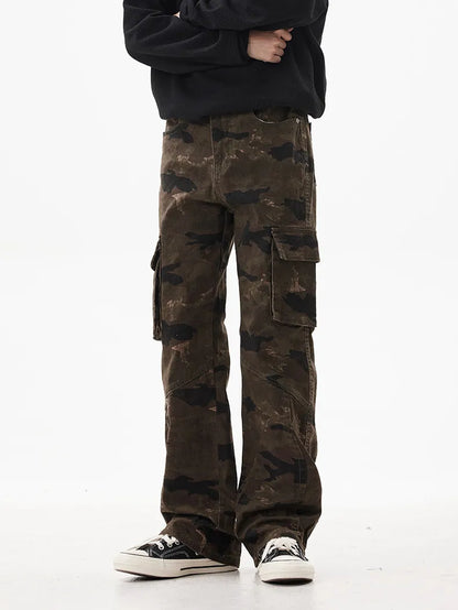 Men's Camo Print Relaxed Fit Cargo Jeans - Olive Brown -