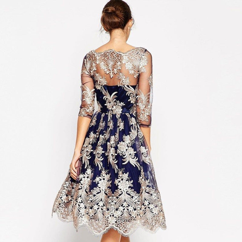 Embroidered Lace Dress Vintage Puff Gown - - dress