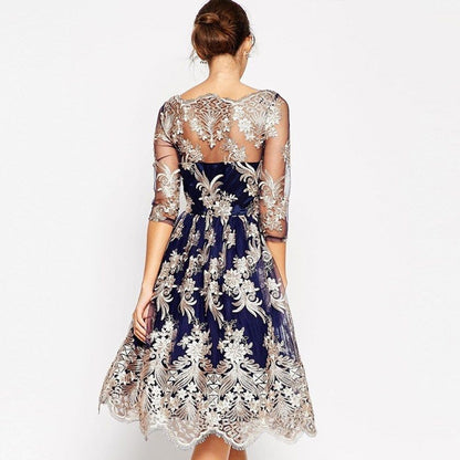 Embroidered Lace Dress Vintage Puff Gown - - dress
