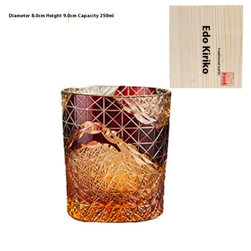 Edo Kiriko Japanese Handmade Cut Glass Cup – Single or Set of 4 - Amber Red Wooden Box - Glass Art