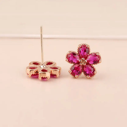 S925 Silver Ruby Floral Stud Earrings for Women