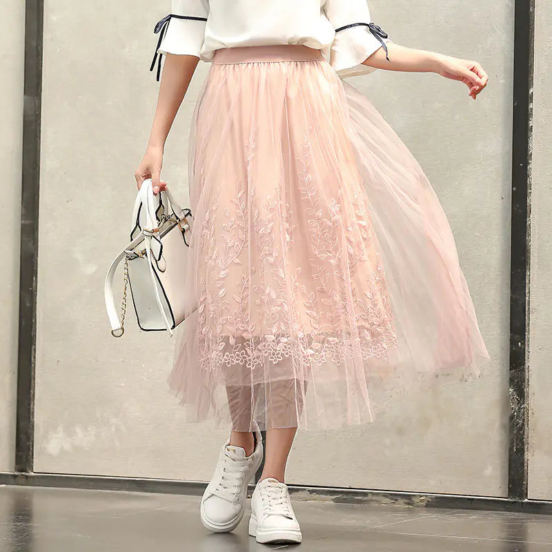 Net Yarn Fairy Puff Mid-Length Skirt for Ladies