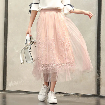 Net Yarn Fairy Puff Mid-Length Skirt for Ladies