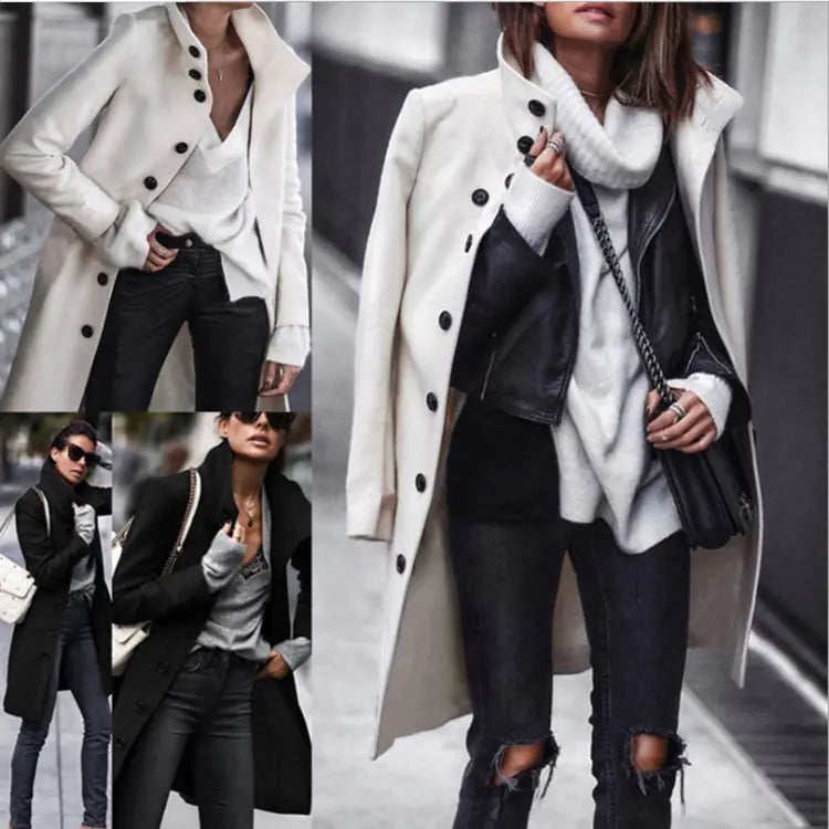 Winter Long Button Woolen Coat - Kia Day Design