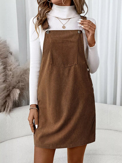 Corduroy Overall Mini Dress with Adjustable Straps - Brown -