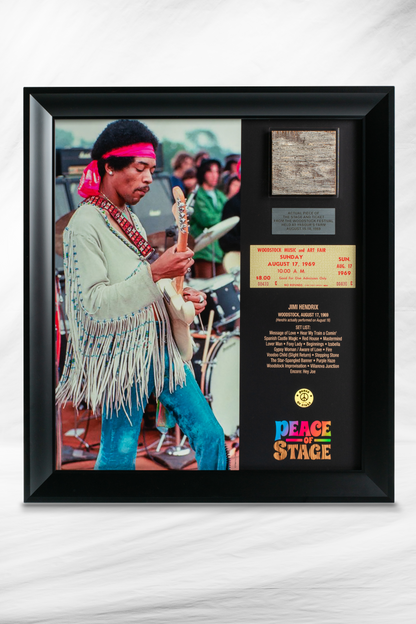 Limited Edition Jimi Hendrix Frame with Piece of 1969 Woodstock Stage and Original Ticket- Peace Of Stage LLC- {{Product type}}
