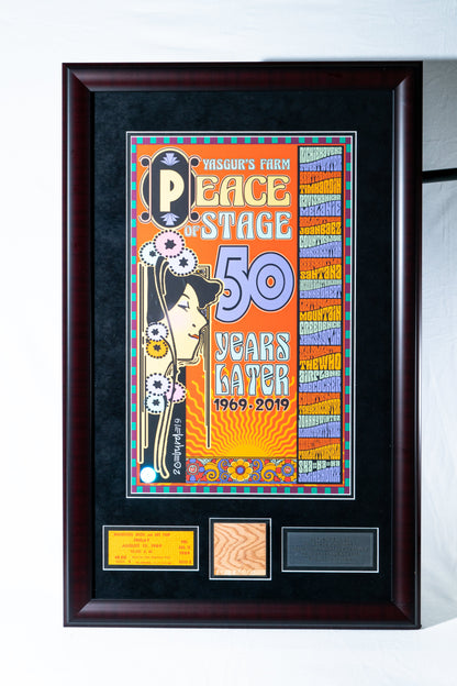 Limited Edition SIGNED David Byrd Poster Frame with Piece of 1969 Woodstock Stage and Original Ticket- Peace Of Stage LLC- {{Product type}}