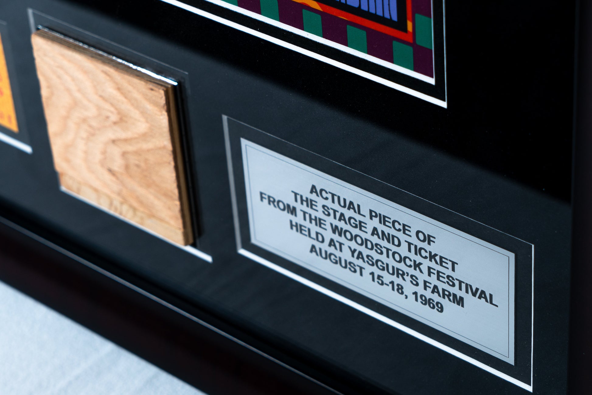 Limited Edition SIGNED David Byrd Poster Frame with Piece of 1969 Woodstock Stage and Original Ticket- Peace Of Stage LLC- {{Product type}}