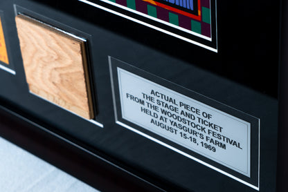 Limited Edition SIGNED David Byrd Poster Frame with Piece of 1969 Woodstock Stage and Original Ticket- Peace Of Stage LLC- {{Product type}}