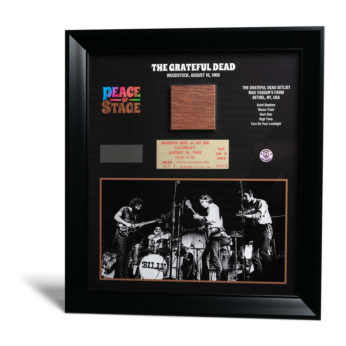 Limited Edition Jimi Hendrix Frame with Piece of 1969 Woodstock Stage and Original Ticket- Peace Of Stage LLC- {{Product type}}