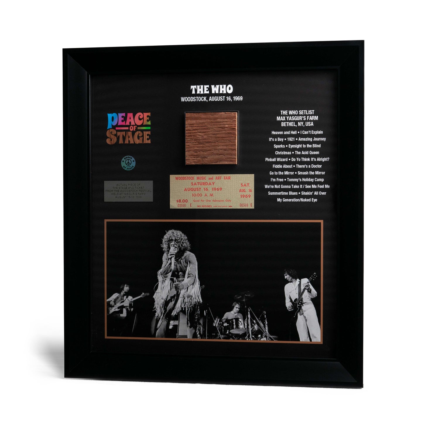 Limited Edition Jimi Hendrix Frame with Piece of 1969 Woodstock Stage and Original Ticket- Peace Of Stage LLC- {{Product type}}