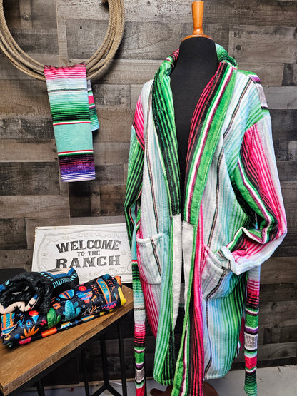 Turquoise Serape Women's Western Bath Robe - - Blanket Robe & Hoodie