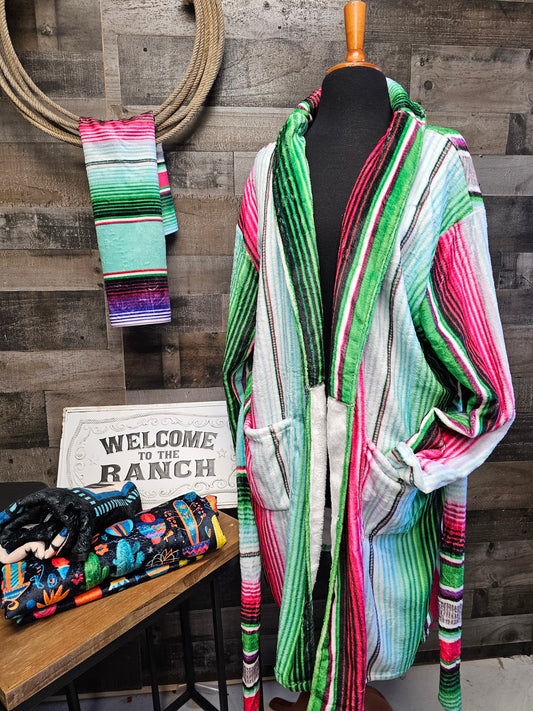 Turquoise Serape Womens Western Bath Robe - - Blanket Robe & Hoodie
