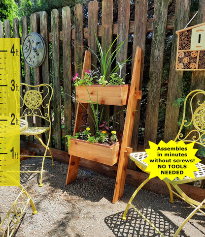 2-Tier Vertical Cedar Ladder Planter Box for Small Spaces - - Planter