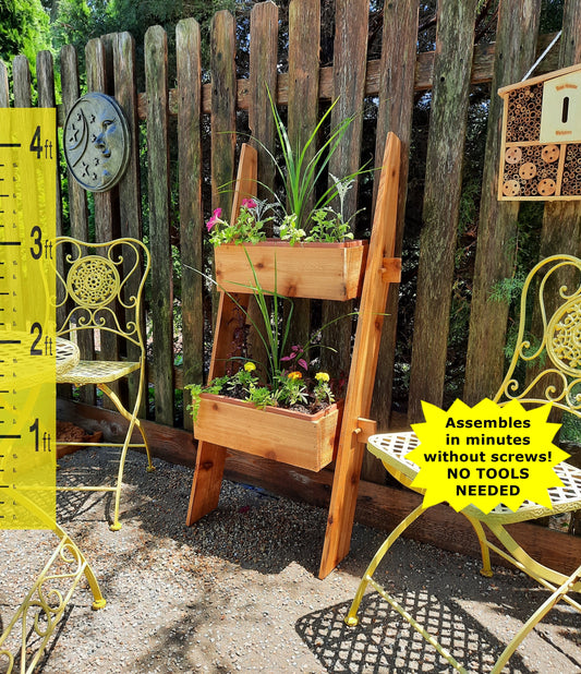 2-Tier Vertical Cedar Ladder Planter Box for Small Spaces - - Planter