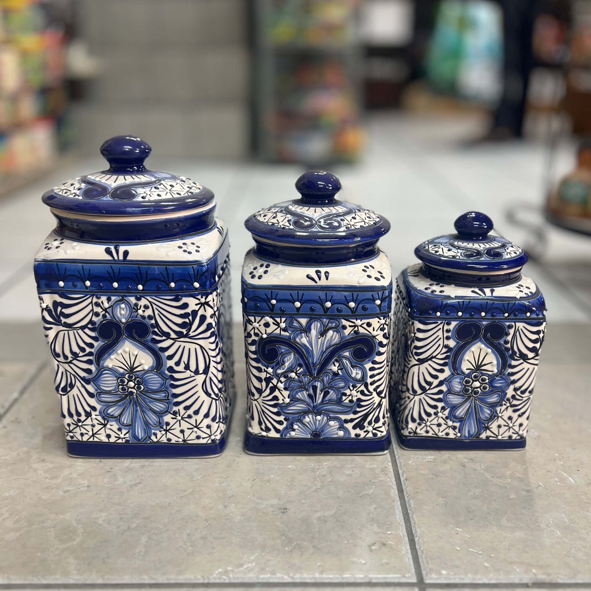Blue Talavera Canister Set Handmade Mexican Ceramic Jars - - Talavera Canister Set