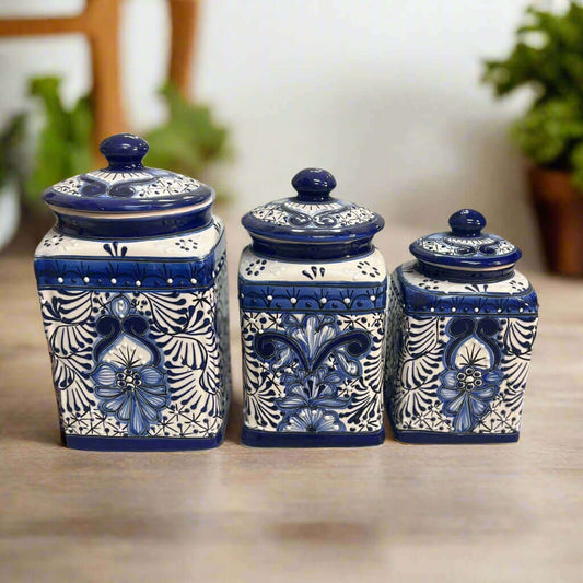 Blue Talavera Canister Set Handmade Mexican Ceramic Jars - - Talavera Canister Set