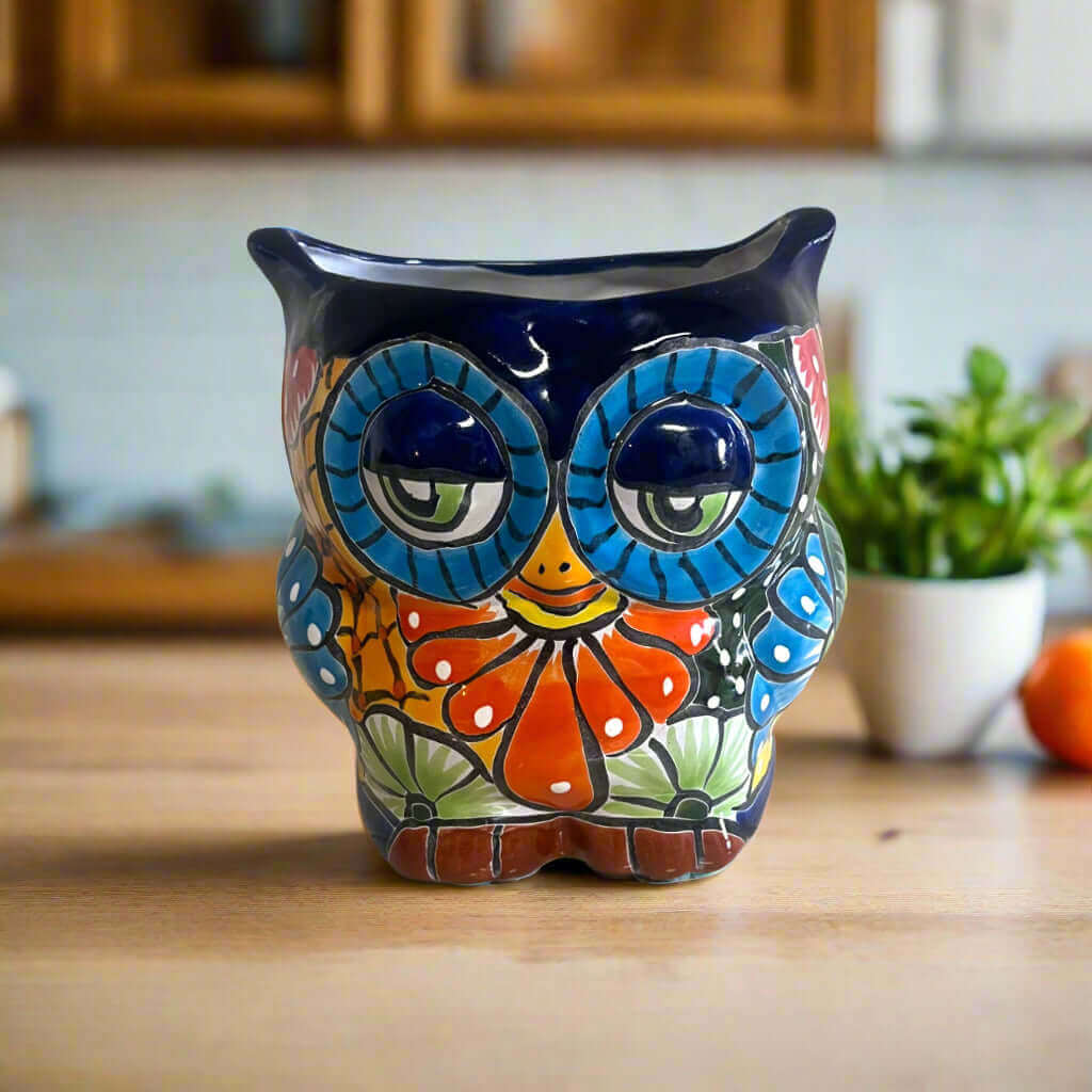 Talavera Owl Planter Double-Faced Hand-Painted Pottery - - Talavera Planter