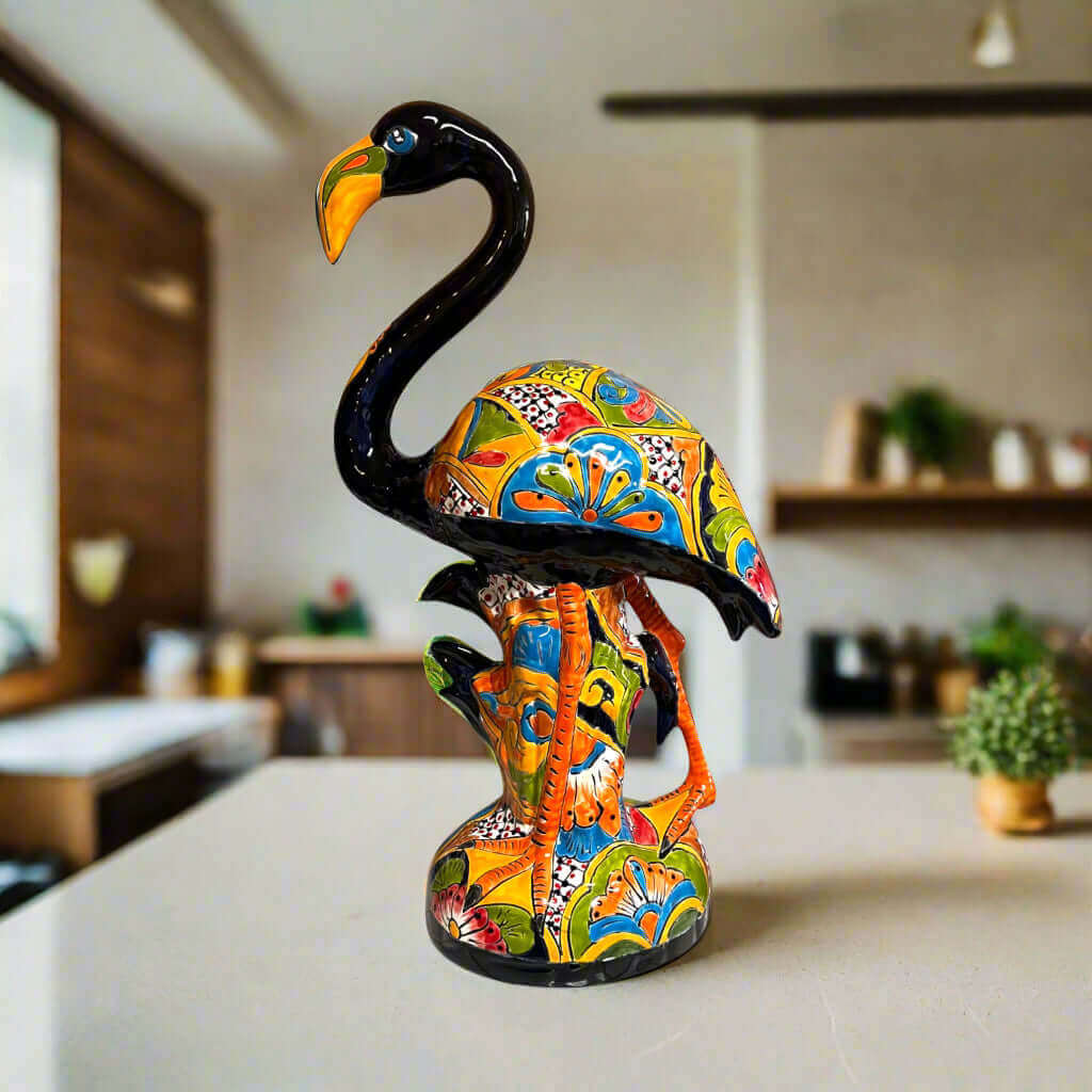 Talavera Flamingo Statue Hand-Painted Mexican Ceramic Bird Art - - Talavera Statue