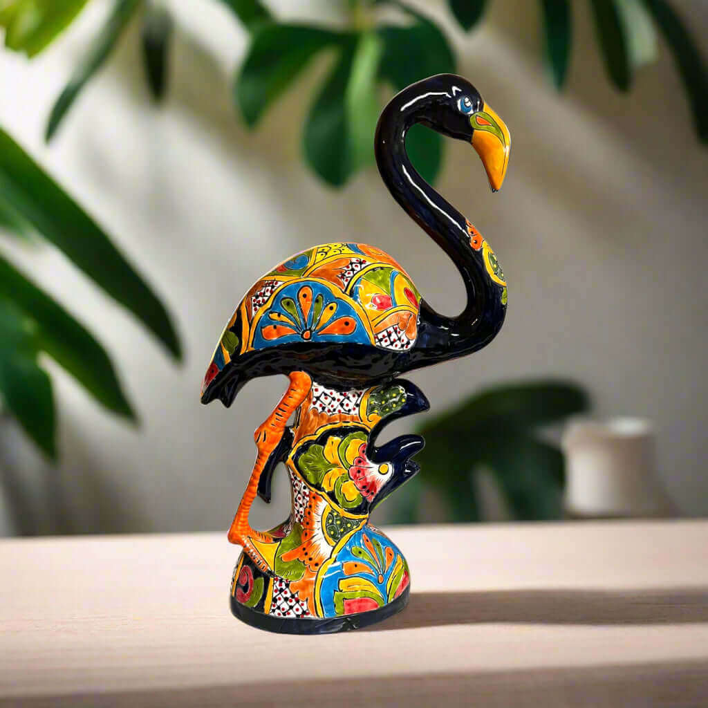 Talavera Flamingo Statue Hand-Painted Mexican Ceramic Bird Art - - Talavera Statue