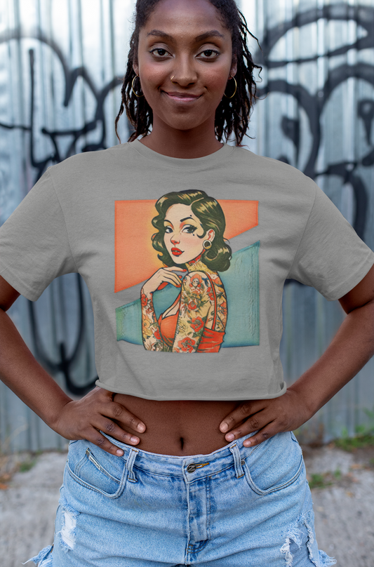 Vintage Pin Up Retro Crop Top - Heather Grey - Cropped Graphic Tee