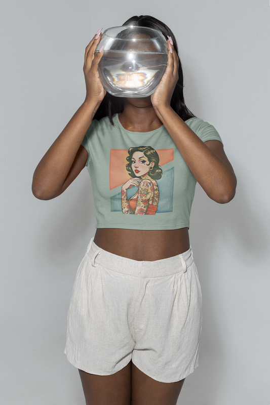 Vintage Pin Up Retro Crop Top - Stonewash Green - Cropped Graphic Tee