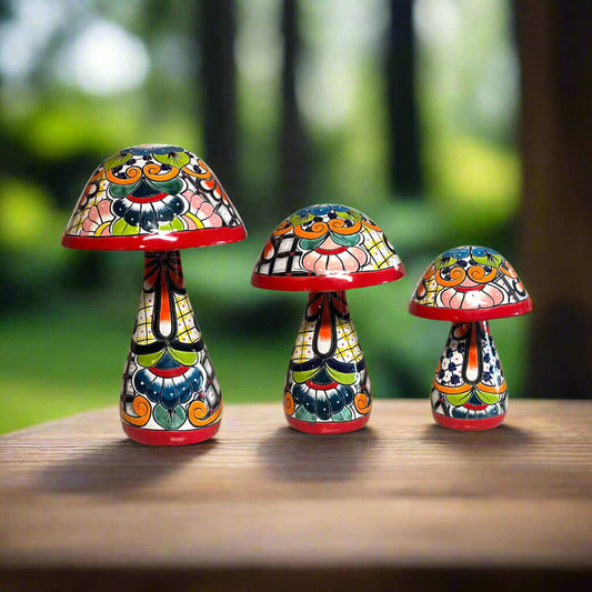 Talavera Mushroom Statue Set Hand-Painted Mexican Garden Decor - - Talavera Statue