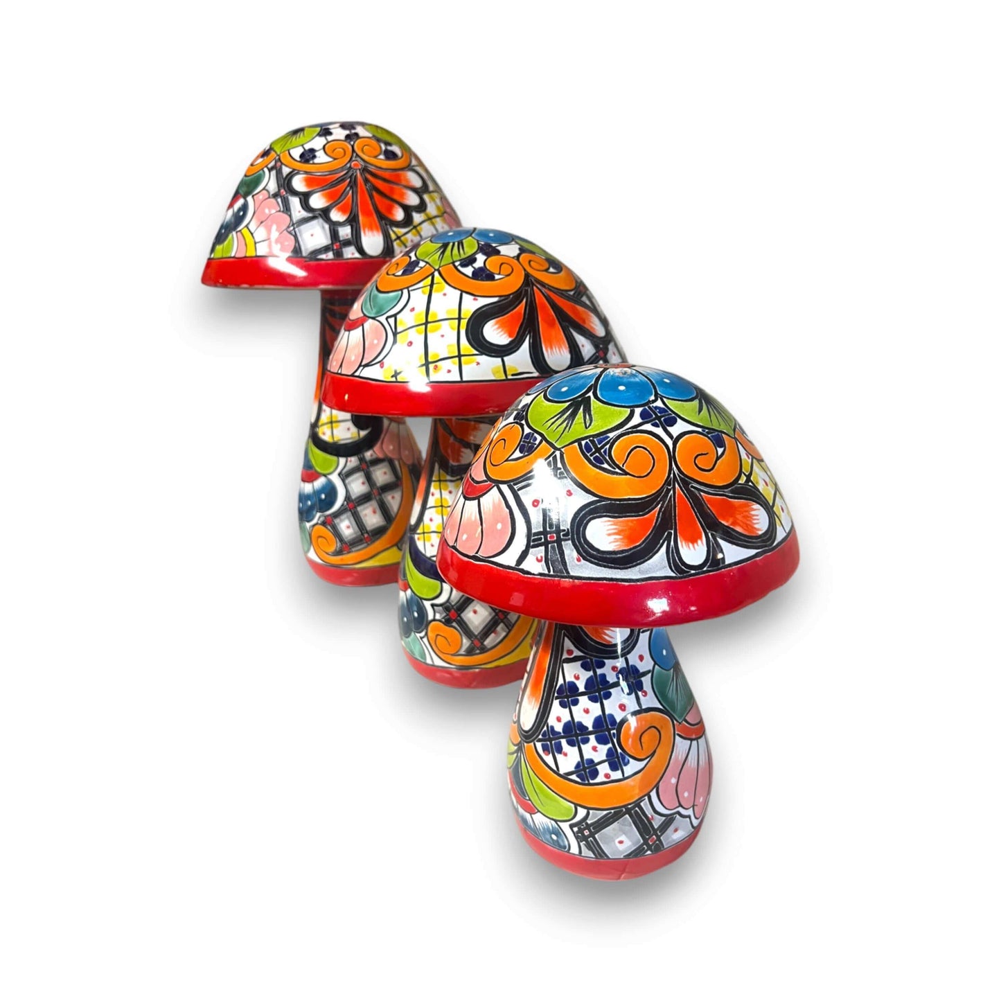 Talavera Mushroom Statue Set Hand-Painted Mexican Garden Decor - - Talavera Statue